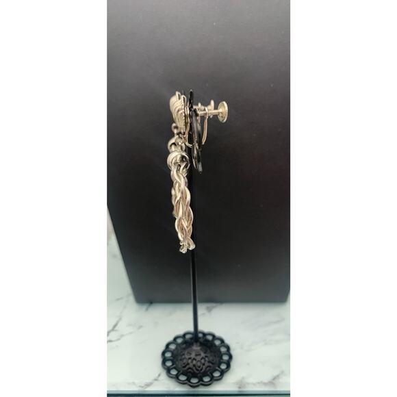 Vintage Silver Tone Twisted Hoop With Dangle Screw Back Modernist Earrings - Picture 3 of 5